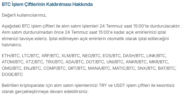 BTC Piyasası: Türk Bitcoin Borsasından Bu 26 Altcoin İçin Delist Duyurusu! 1